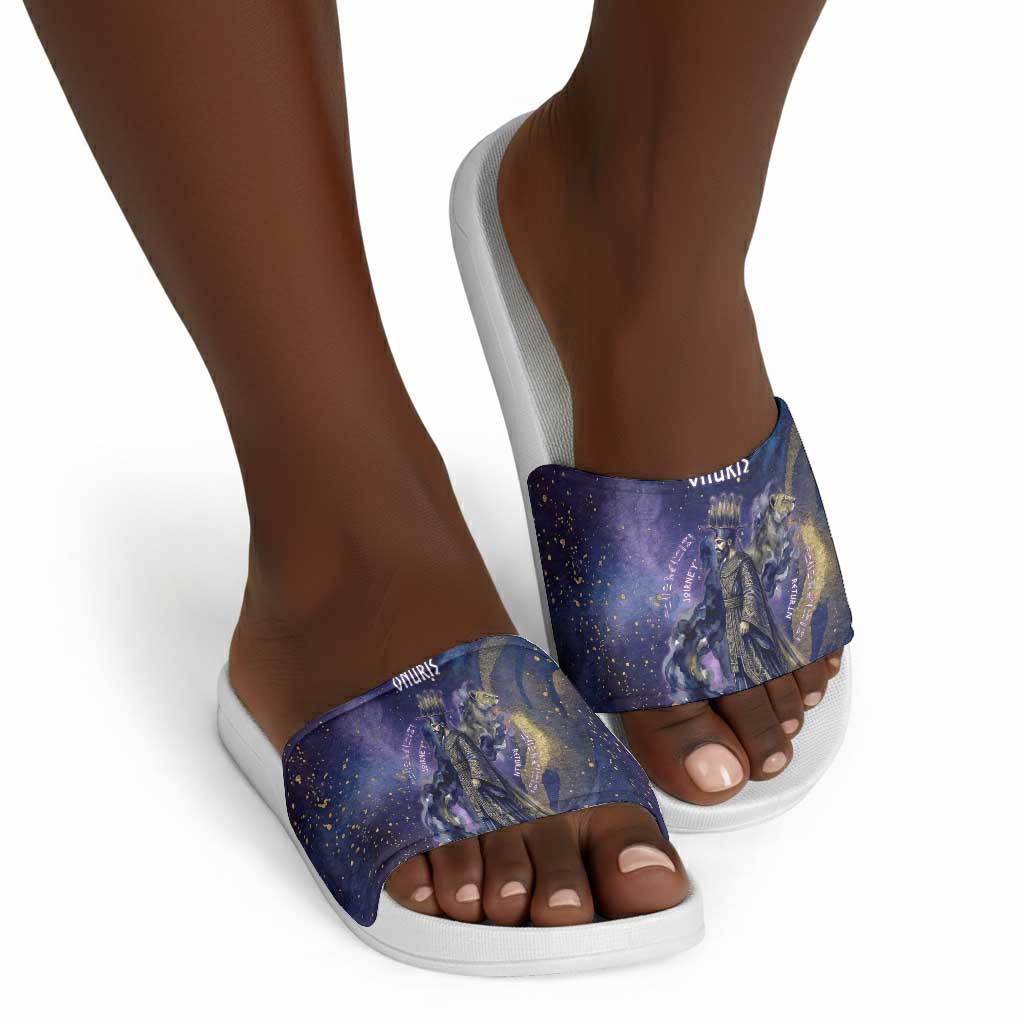 Onuris Slide Sandals Cosmic Warrior Egyptian God Eye of Horus Spears Starry Night