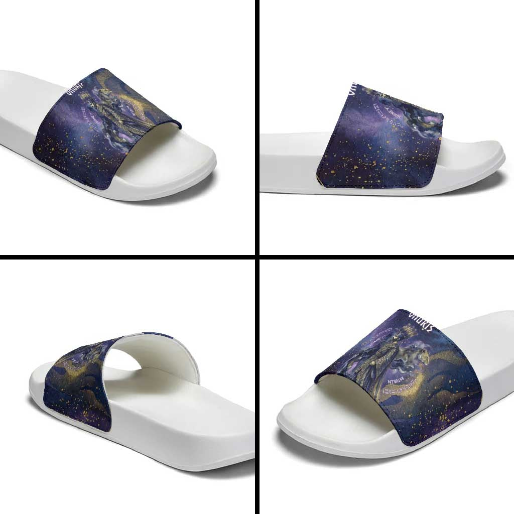 Onuris Slide Sandals Cosmic Warrior Egyptian God Eye of Horus Spears Starry Night