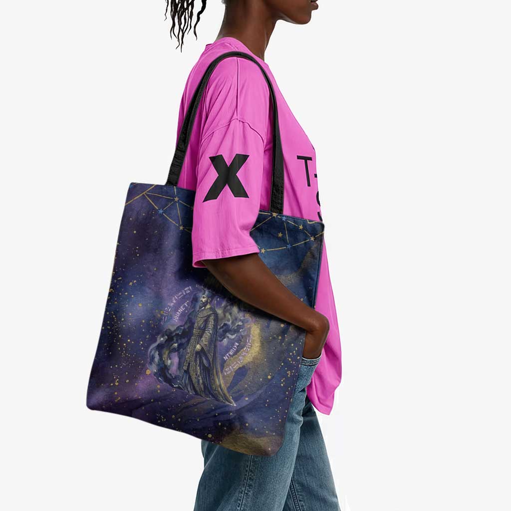 Onuris Tote Bag Cosmic Warrior Egyptian God Eye of Horus Spears Starry Night