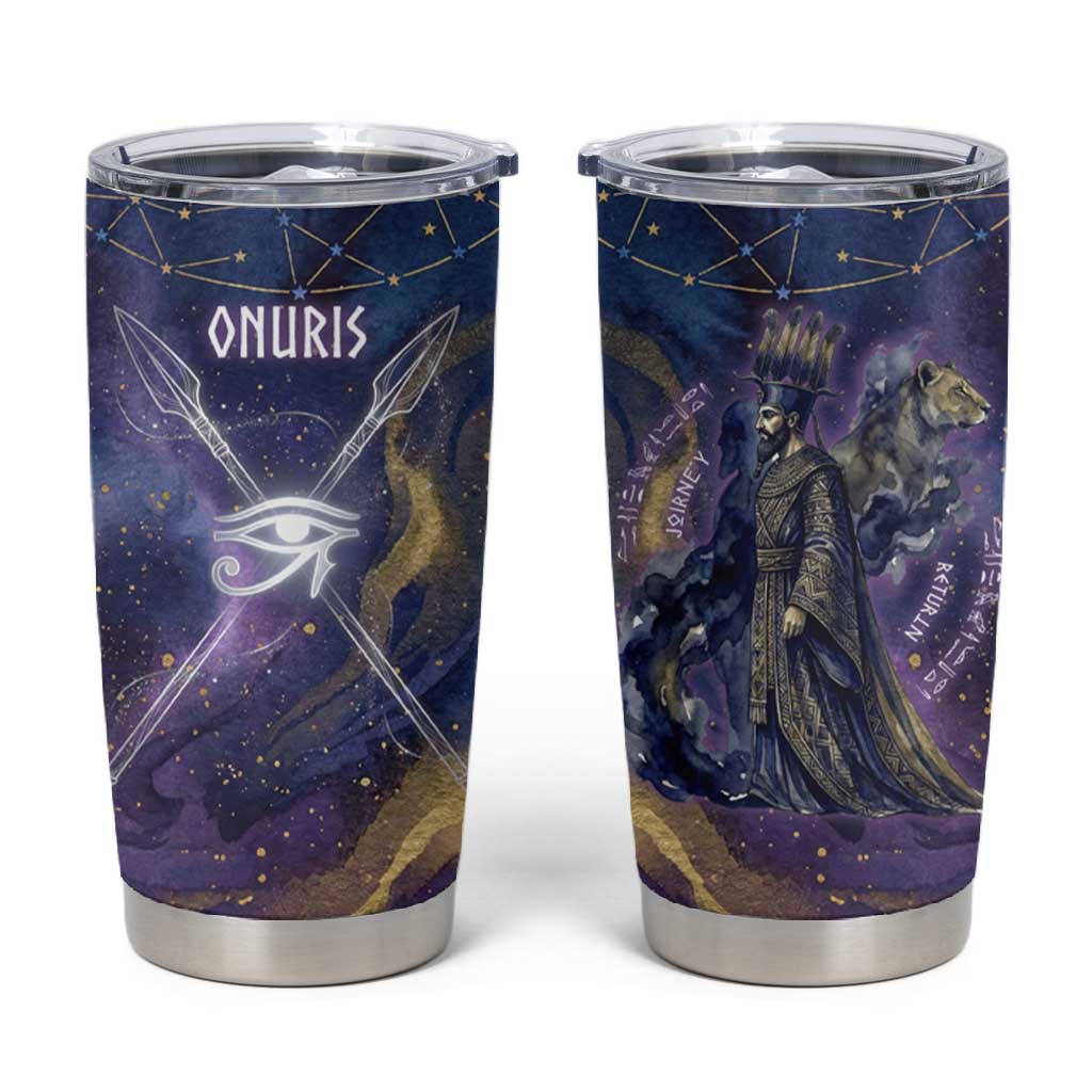 Onuris Tumbler Cup Cosmic Warrior Egyptian God Eye of Horus Spears Starry Night