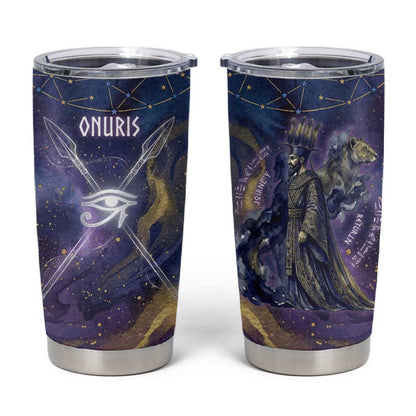 Onuris Tumbler Cup Cosmic Warrior Egyptian God Eye of Horus Spears Starry Night