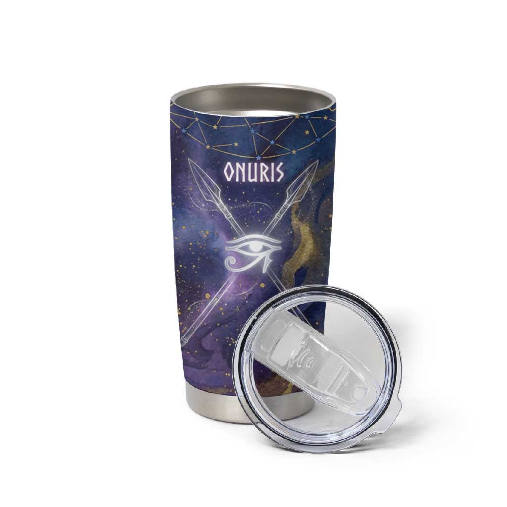 Onuris Tumbler Cup Cosmic Warrior Egyptian God Eye of Horus Spears Starry Night