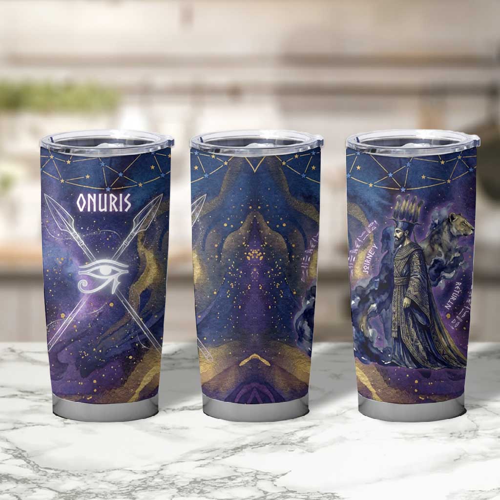 Onuris Tumbler Cup Cosmic Warrior Egyptian God Eye of Horus Spears Starry Night