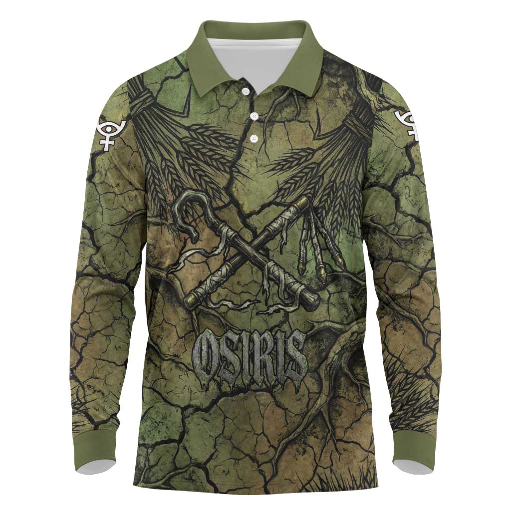 Osiris Long Sleeve Polo Shirt Lord of Eternity Egyptian God Throne Mummy Staffs Ancient