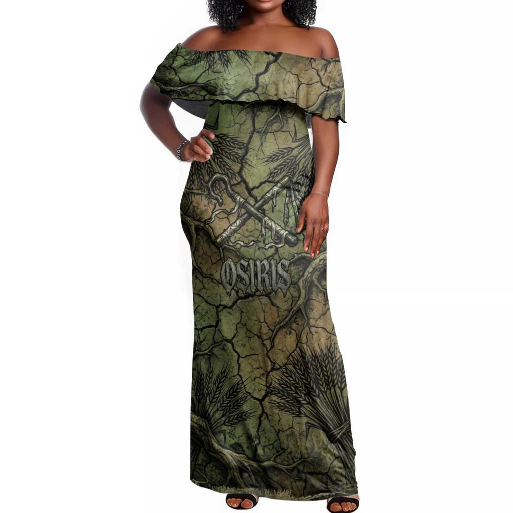 Osiris Off Shoulder Maxi Dress Lord of Eternity Egyptian God Throne Mummy Staffs Ancient