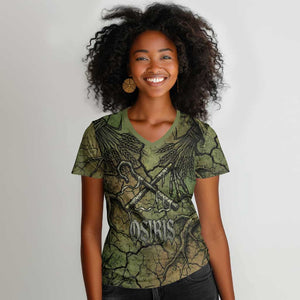 Osiris Women V-Neck T-Shirt Lord of Eternity Egyptian God Throne Mummy Staffs Ancient