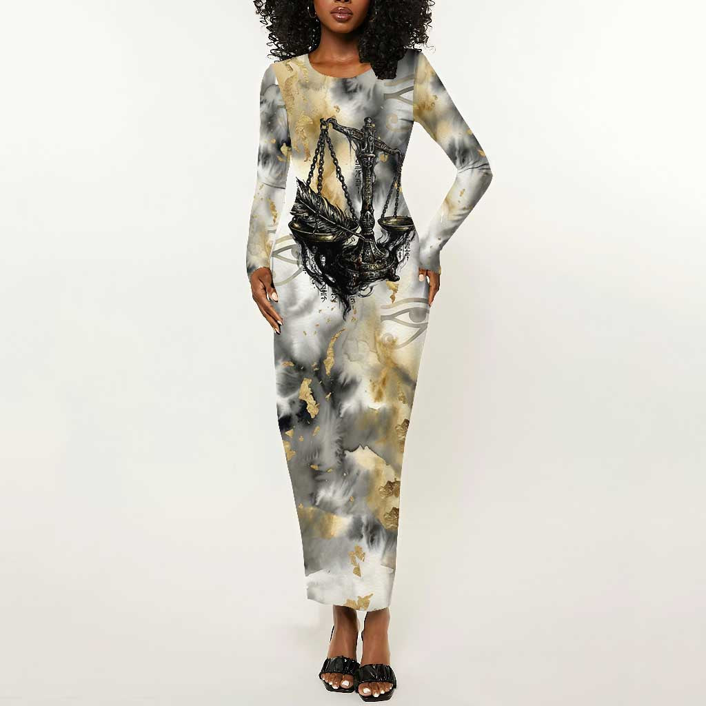 Osiris Egyptian Long Sleeve Bodycon Dress God of Afterlife Feather Scale Judgment Eye of Horus