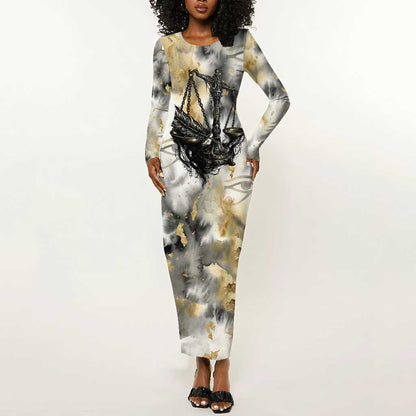 Osiris Egyptian Long Sleeve Bodycon Dress God of Afterlife Feather Scale Judgment Eye of Horus