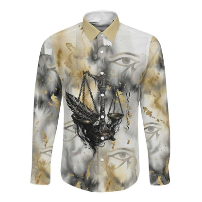 Osiris Egyptian Long Sleeve Button Shirt God of Afterlife Feather Scale Judgment Eye of Horus
