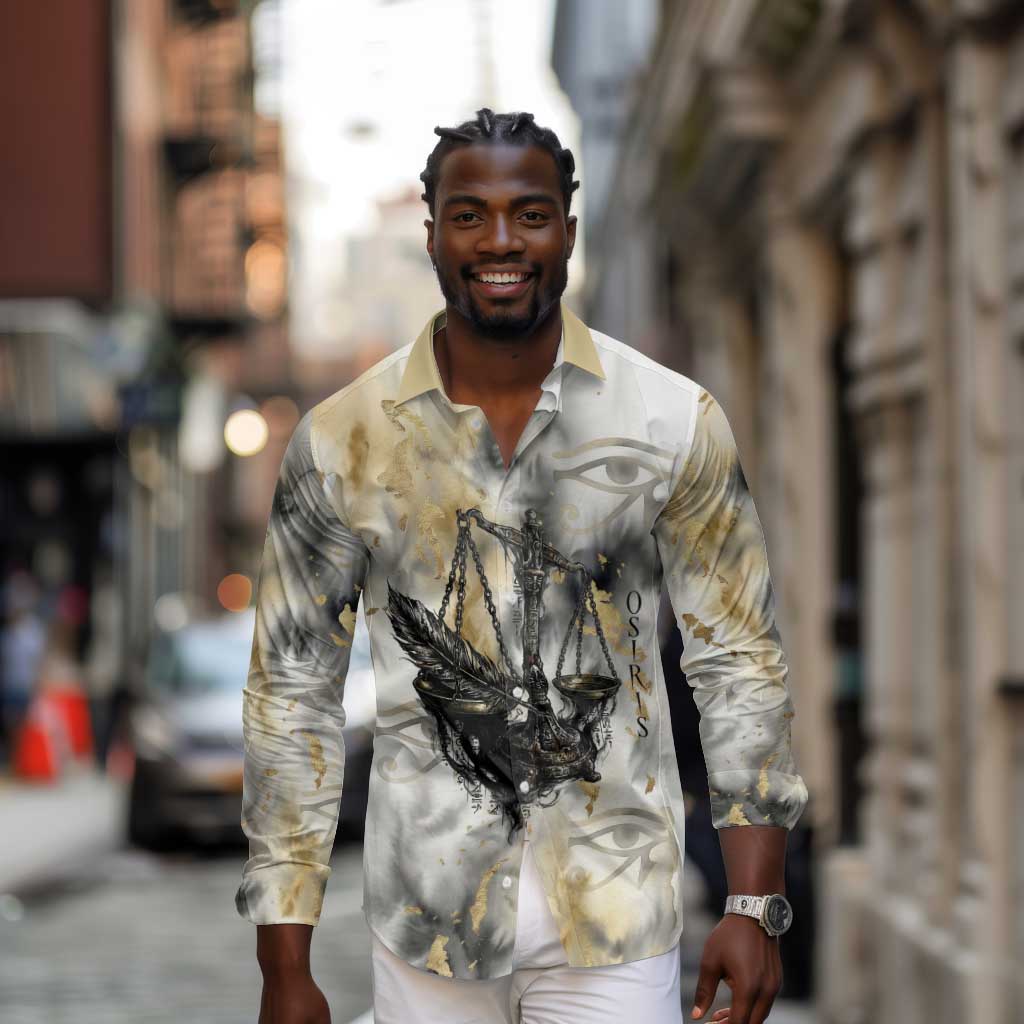 Osiris Egyptian Long Sleeve Button Shirt God of Afterlife Feather Scale Judgment Eye of Horus