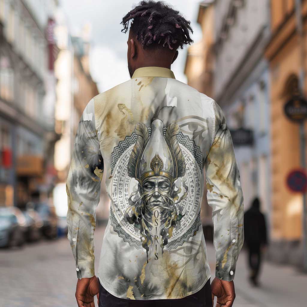 Osiris Egyptian Long Sleeve Button Shirt God of Afterlife Feather Scale Judgment Eye of Horus