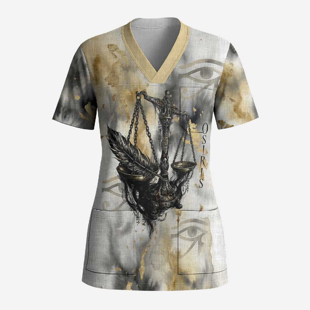 Osiris Egyptian Scrub Top God of Afterlife Feather Scale Judgment Eye of Horus