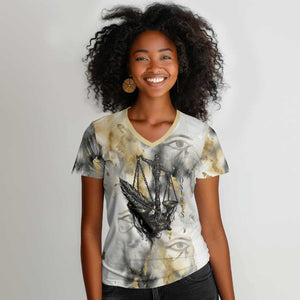 Osiris Egyptian Women V-Neck T-Shirt God of Afterlife Feather Scale Judgment Eye of Horus