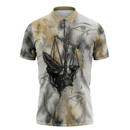 Osiris Egyptian Zipper Polo Shirt God of Afterlife Feather Scale Judgment Eye of Horus