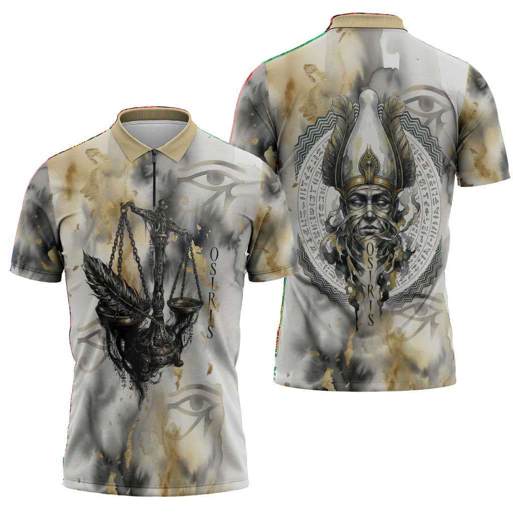 Osiris Egyptian Zipper Polo Shirt God of Afterlife Feather Scale Judgment Eye of Horus