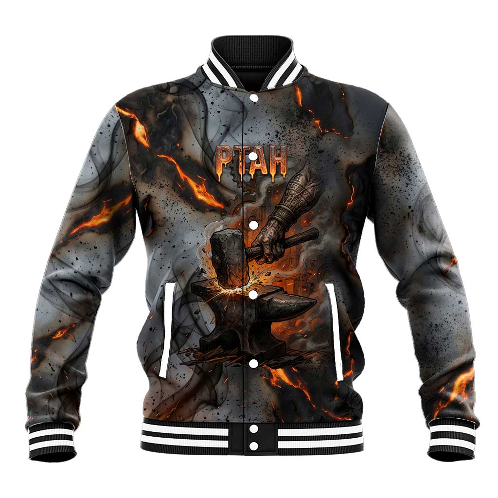 Ptah Egyptian Baseball Jacket God of Creation Great Artificer Hammer - Anvil Fire Forged