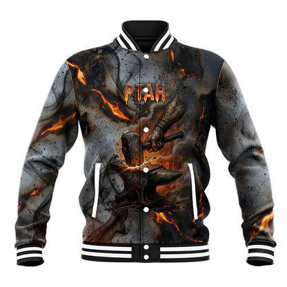 Ptah Egyptian Baseball Jacket God of Creation Great Artificer Hammer - Anvil Fire Forged