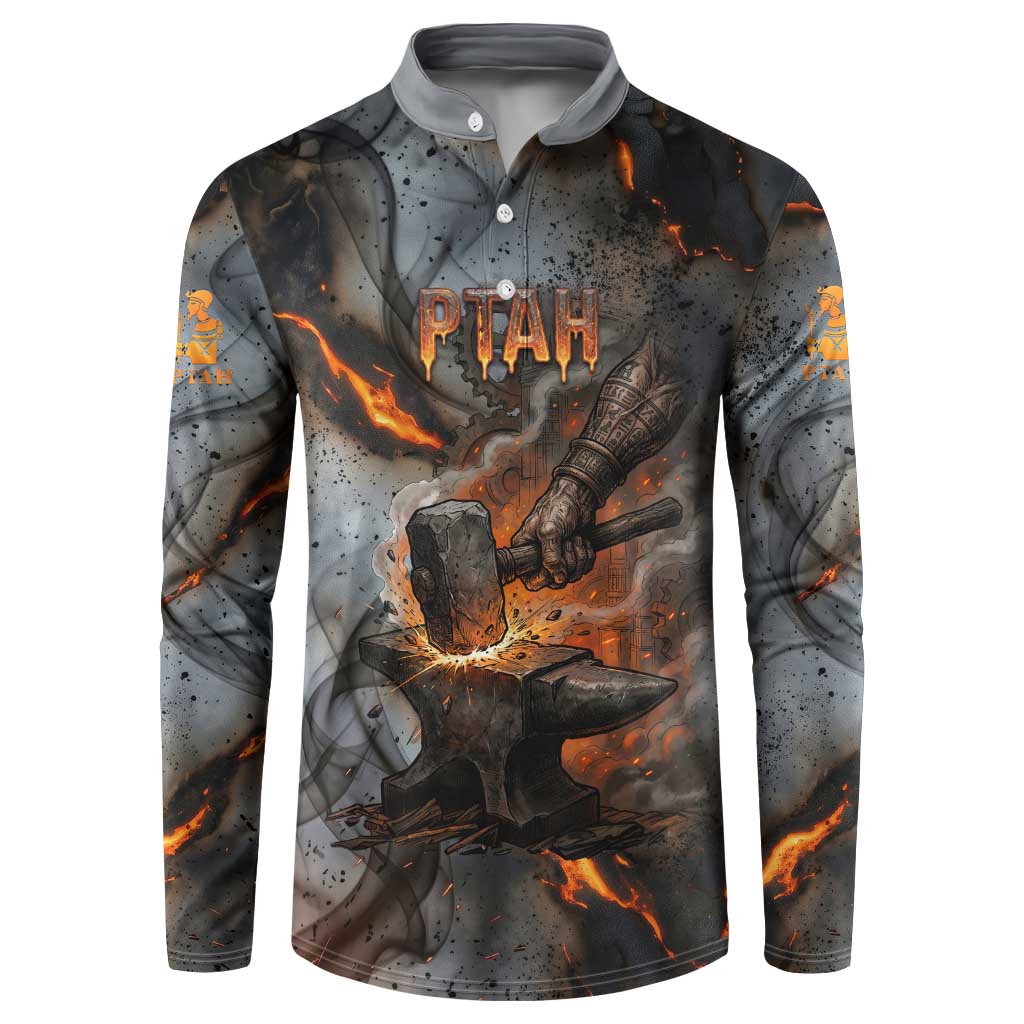 Ptah Egyptian Button Sweatshirt God of Creation Great Artificer Hammer - Anvil Fire Forged