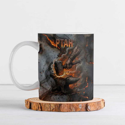 Ptah Egyptian Ceramic Mug God of Creation Great Artificer Hammer - Anvil Fire Forged