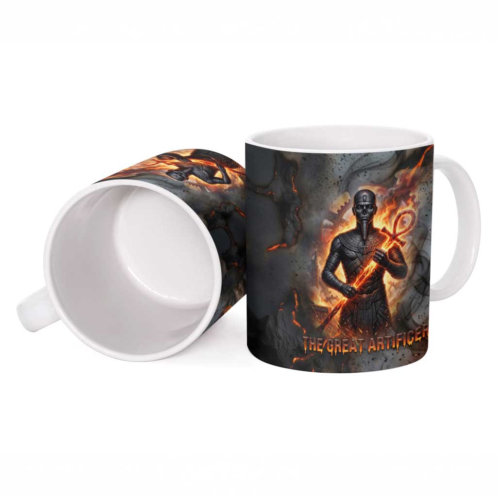 Ptah Egyptian Ceramic Mug God of Creation Great Artificer Hammer - Anvil Fire Forged