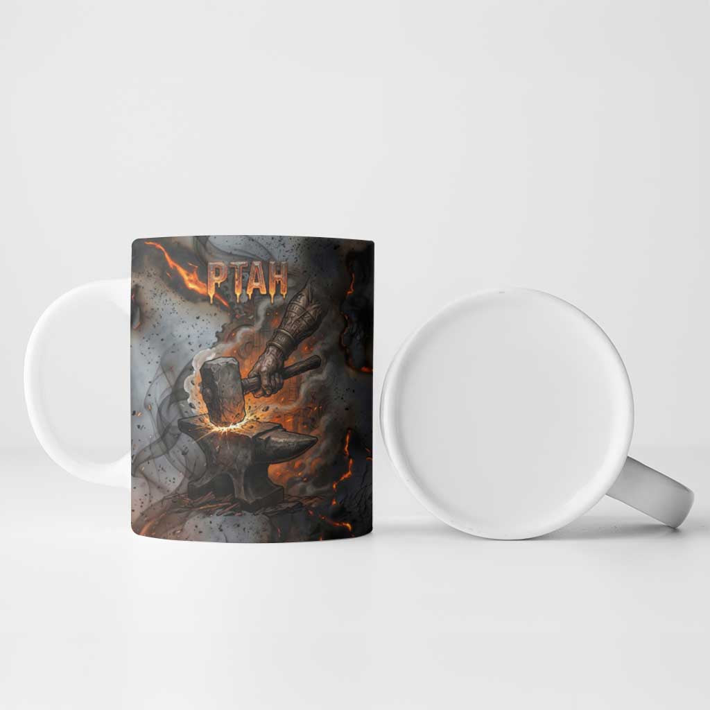 Ptah Egyptian Ceramic Mug God of Creation Great Artificer Hammer - Anvil Fire Forged