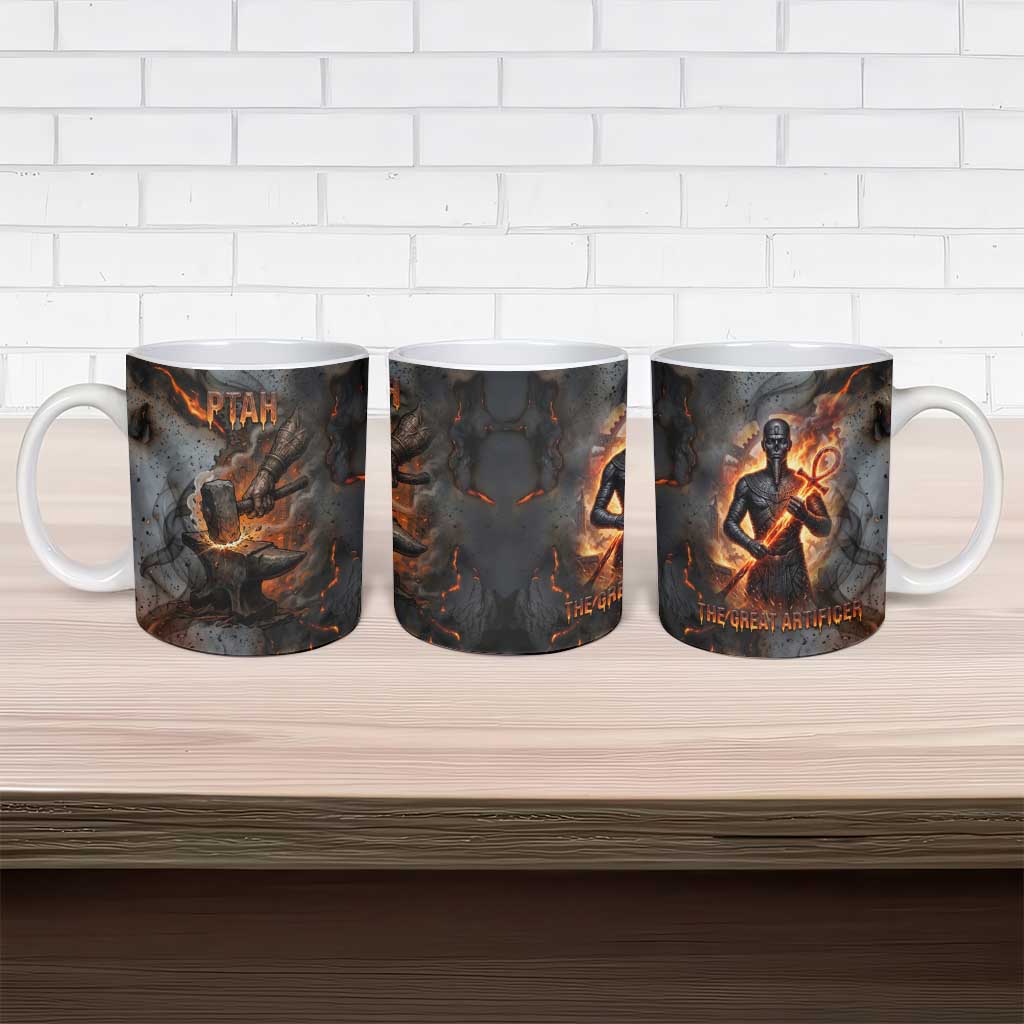 Ptah Egyptian Ceramic Mug God of Creation Great Artificer Hammer - Anvil Fire Forged