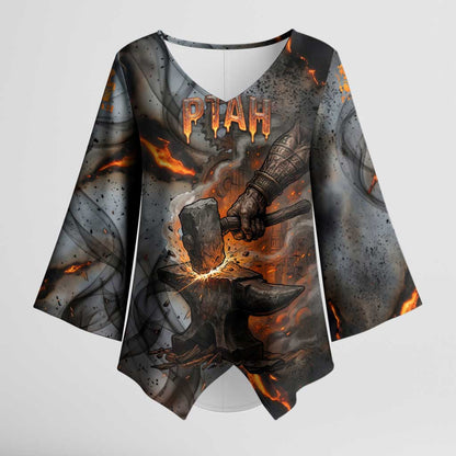 Ptah Egyptian Kimono Sleeve Blouse God of Creation Great Artificer Hammer - Anvil Fire Forged