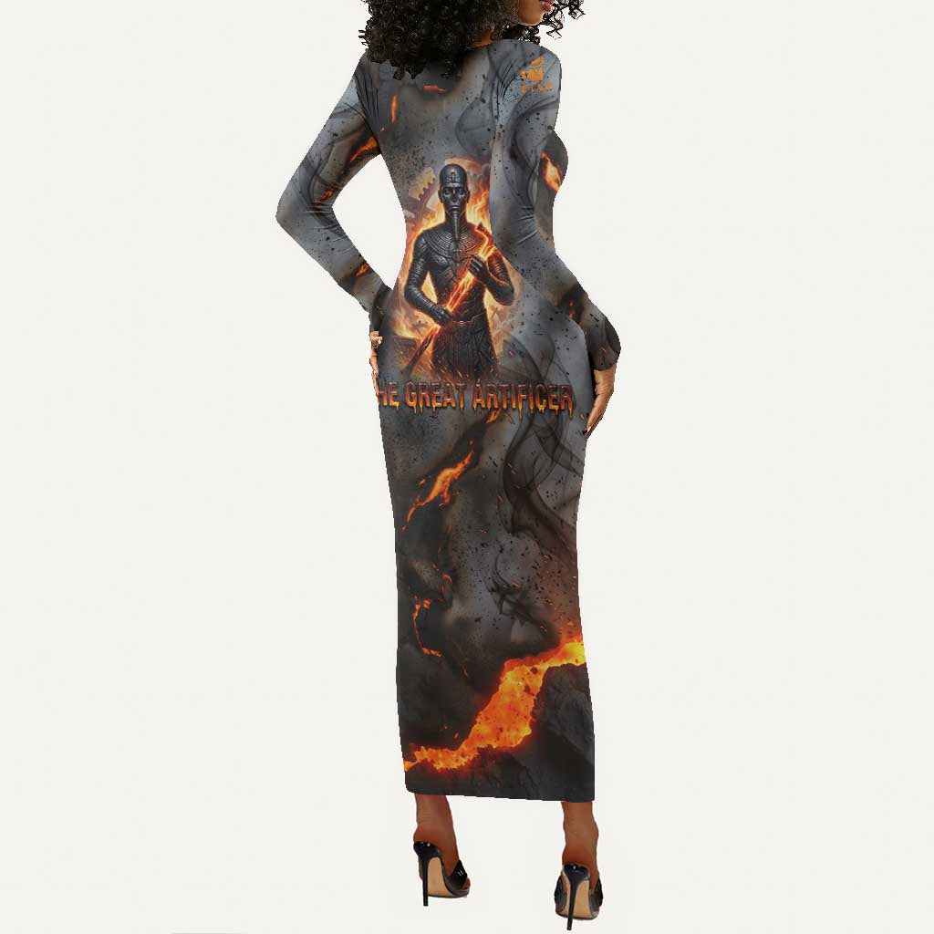 Ptah Egyptian Long Sleeve Bodycon Dress God of Creation Great Artificer Hammer - Anvil Fire Forged