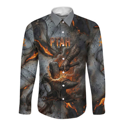 Ptah Egyptian Long Sleeve Button Shirt God of Creation Great Artificer Hammer - Anvil Fire Forged