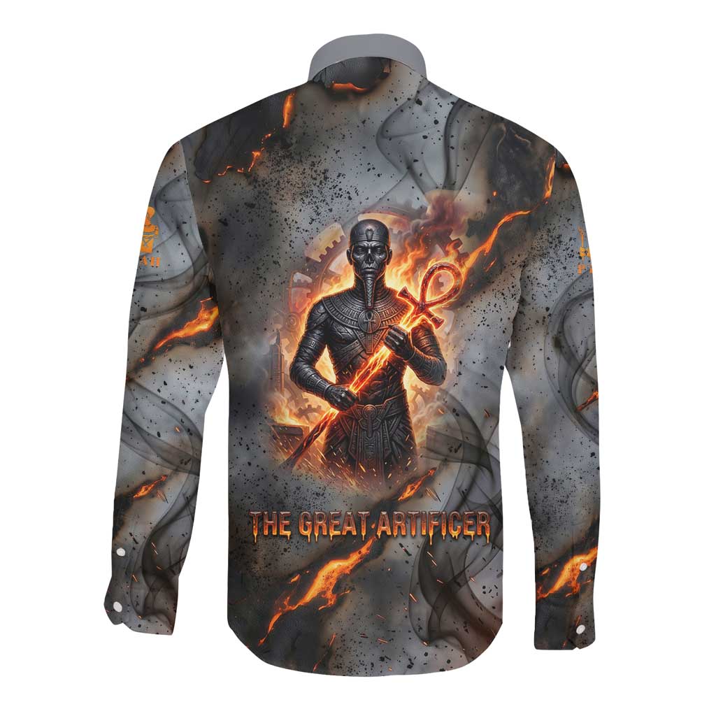 Ptah Egyptian Long Sleeve Button Shirt God of Creation Great Artificer Hammer - Anvil Fire Forged