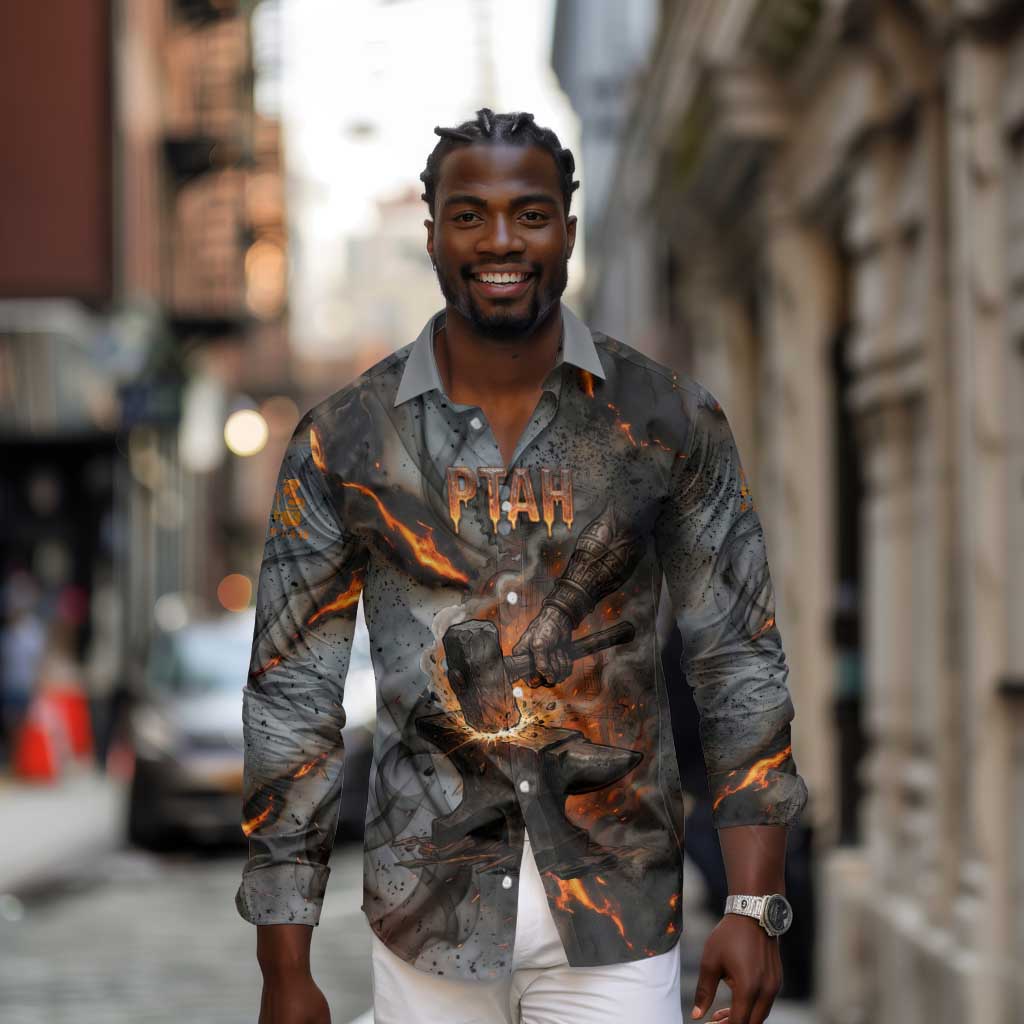 Ptah Egyptian Long Sleeve Button Shirt God of Creation Great Artificer Hammer - Anvil Fire Forged