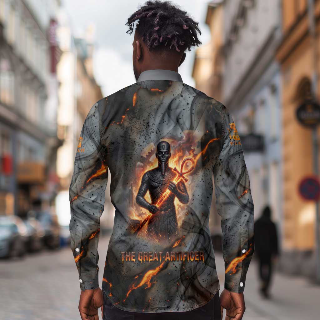 Ptah Egyptian Long Sleeve Button Shirt God of Creation Great Artificer Hammer - Anvil Fire Forged