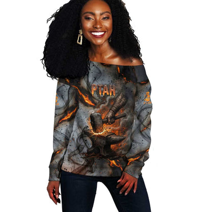 Ptah Egyptian Off Shoulder Sweater God of Creation Great Artificer Hammer - Anvil Fire Forged