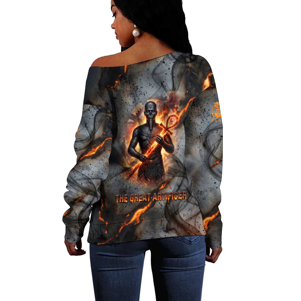 Ptah Egyptian Off Shoulder Sweater God of Creation Great Artificer Hammer - Anvil Fire Forged