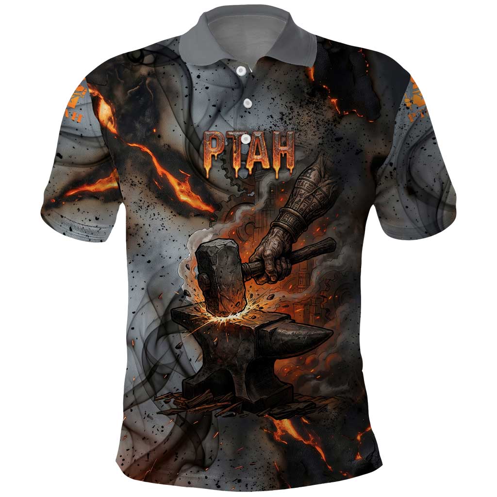 Ptah Egyptian Polo Shirt God of Creation Great Artificer Hammer - Anvil Fire Forged