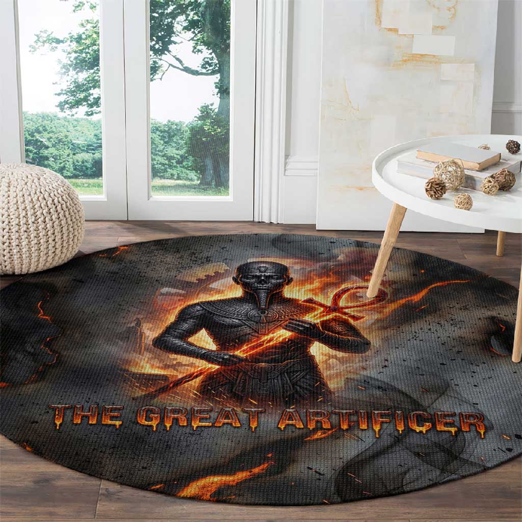 Ptah Egyptian Round Carpet God of Creation Great Artificer Hammer - Anvil Fire Forged