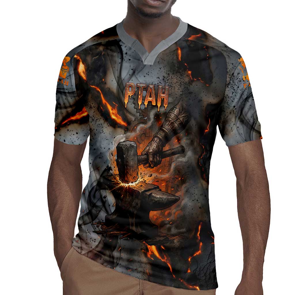 Ptah Egyptian Rugby Jersey God of Creation Great Artificer Hammer - Anvil Fire Forged