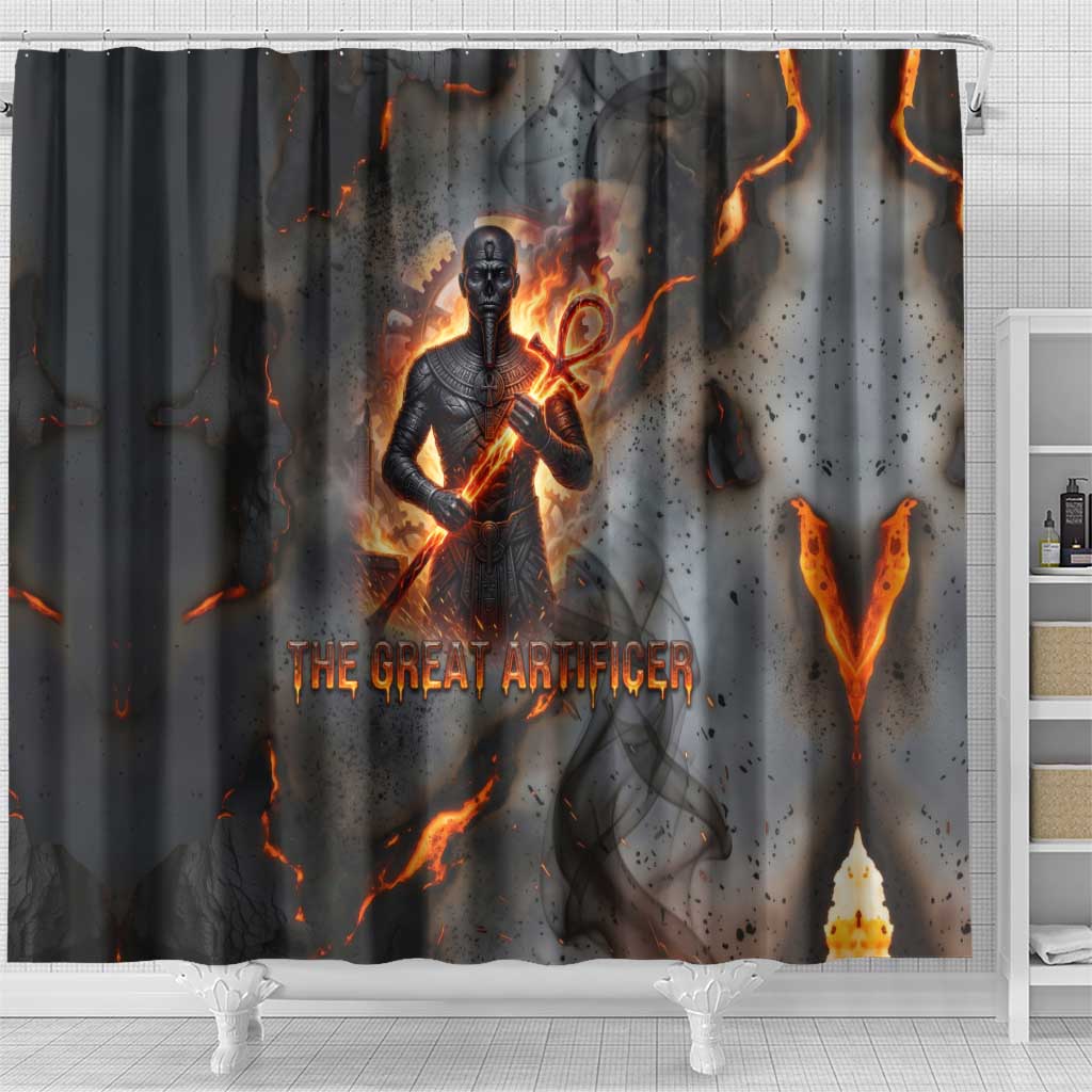 Ptah Egyptian Shower Curtain God of Creation Great Artificer Hammer - Anvil Fire Forged