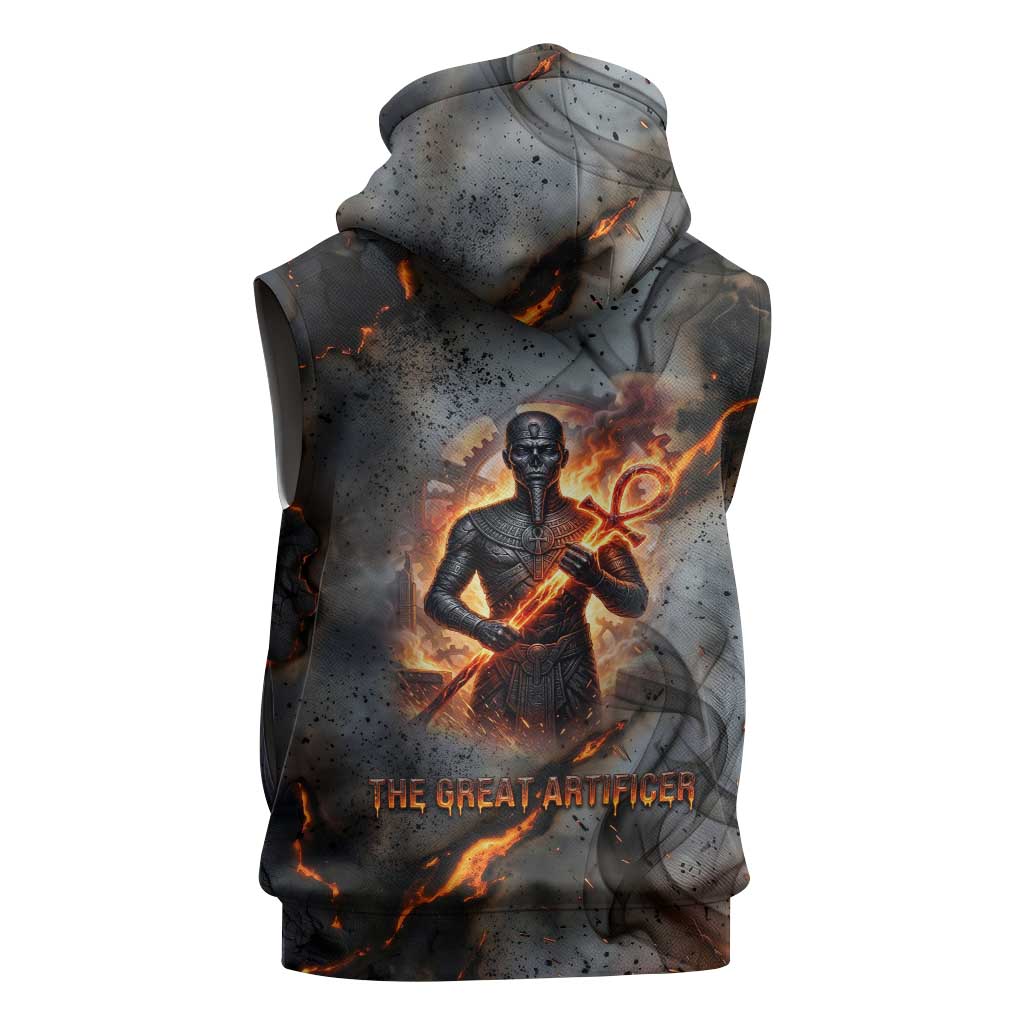 Ptah Egyptian Sleeveless Hoodie God of Creation Great Artificer Hammer - Anvil Fire Forged