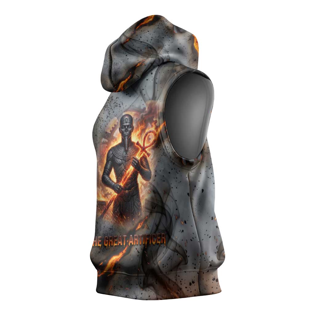 Ptah Egyptian Sleeveless Hoodie God of Creation Great Artificer Hammer - Anvil Fire Forged