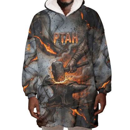 Ptah Egyptian Wearable Blanket Hoodie God of Creation Great Artificer Hammer - Anvil Fire Forged