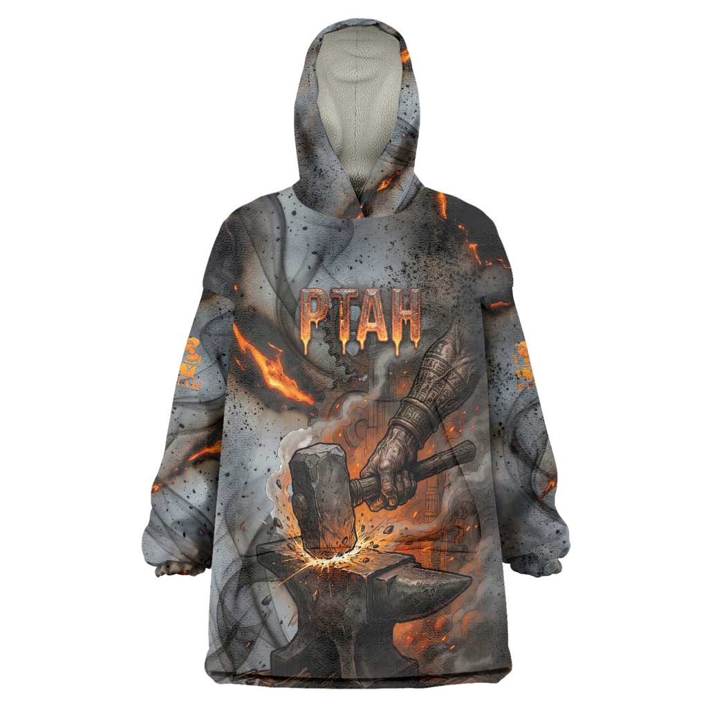 Ptah Egyptian Wearable Blanket Hoodie God of Creation Great Artificer Hammer - Anvil Fire Forged