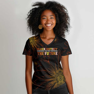 Black History Month Black African American Teachers Women V-Neck T-Shirt Afrocentric Floral Art with Motivational Typography