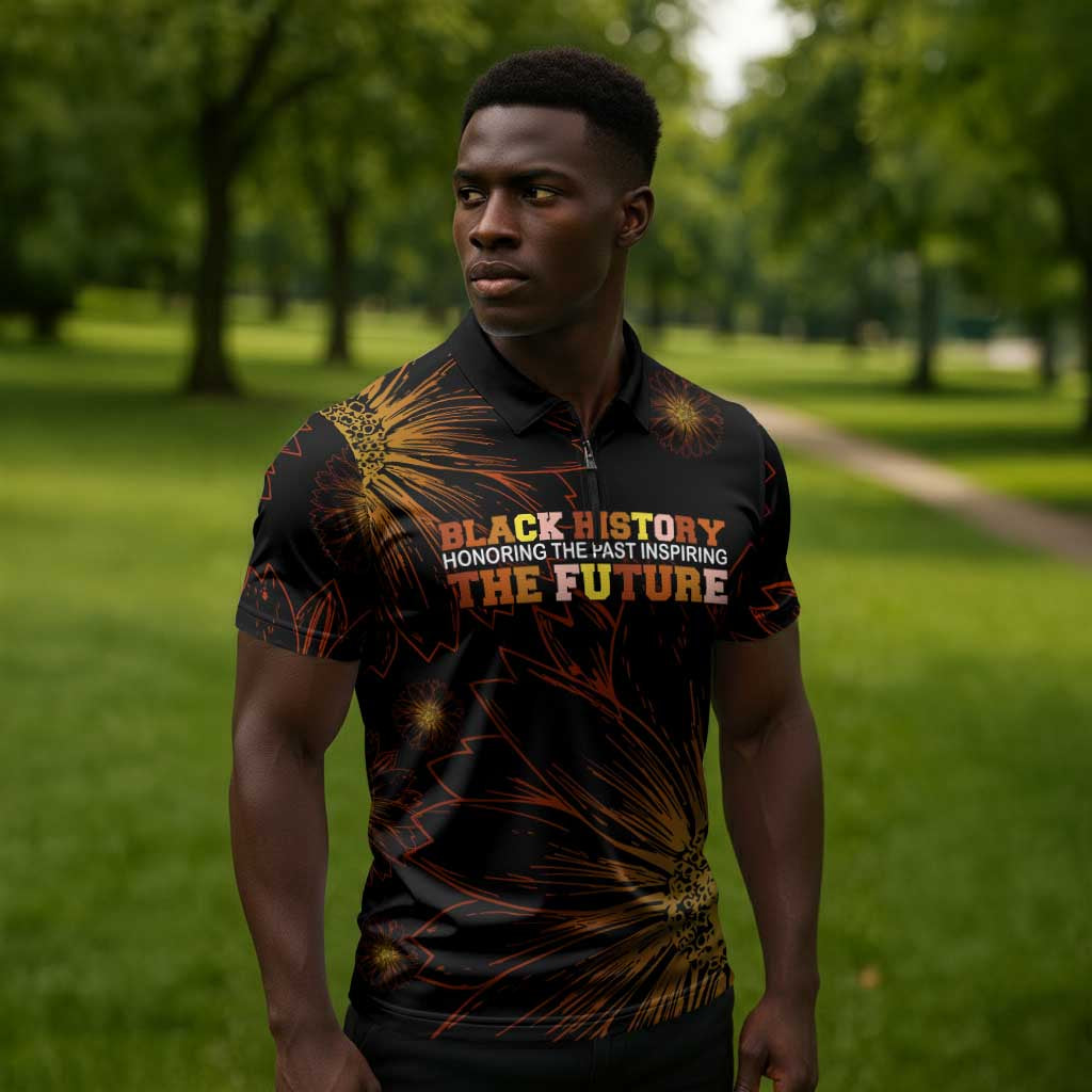 Black History Month Black African American Teachers Zipper Polo Shirt Afrocentric Floral Art with Motivational Typography