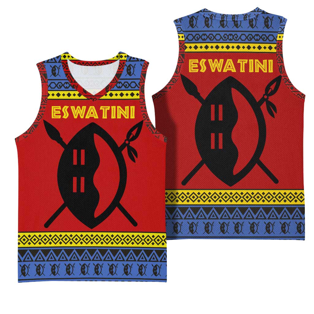 Eswatini Flag Basketball Jersey Nguni Shield Spear Pattern TS04