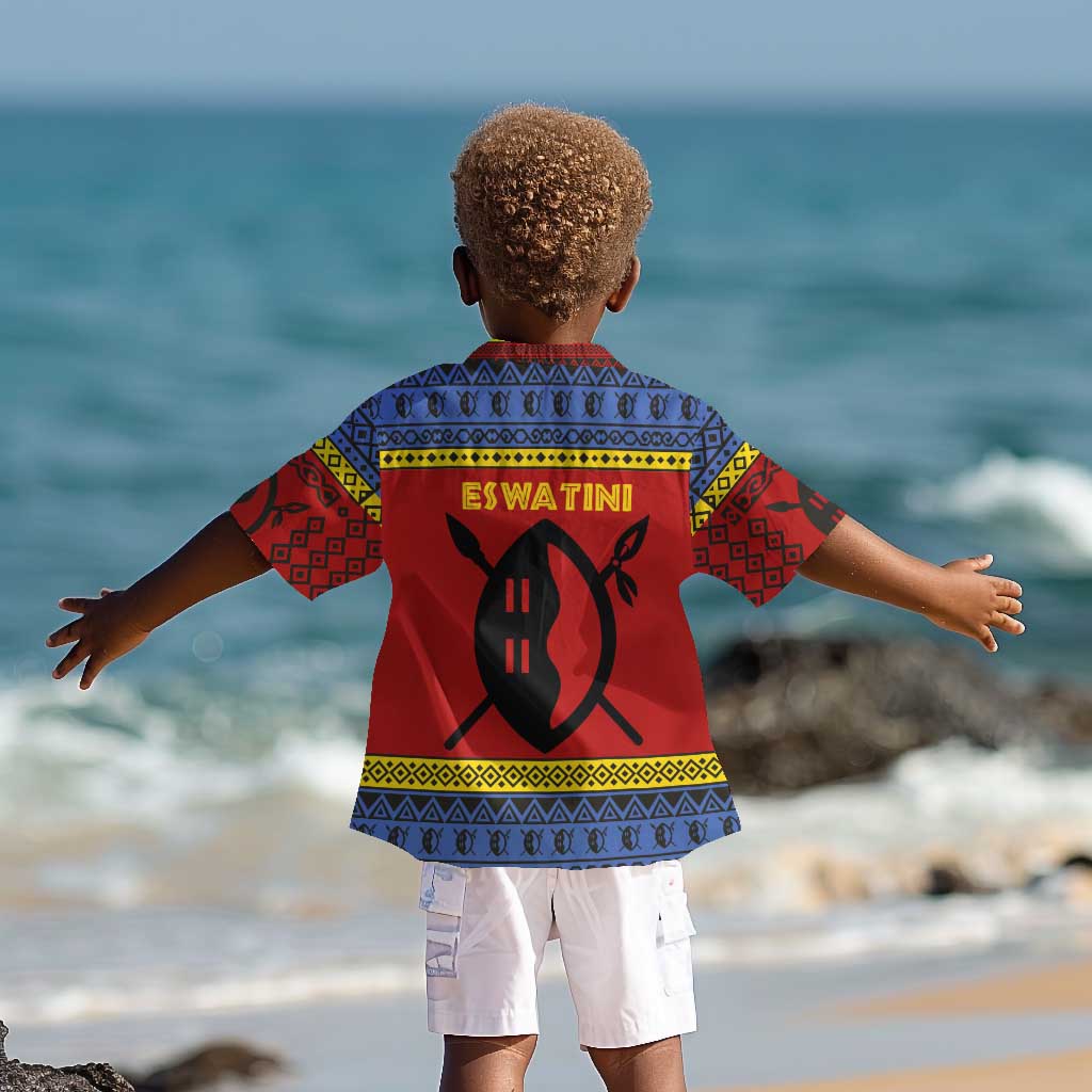 Eswatini Flag Kid Hawaiian Shirt Nguni Shield Spear Pattern