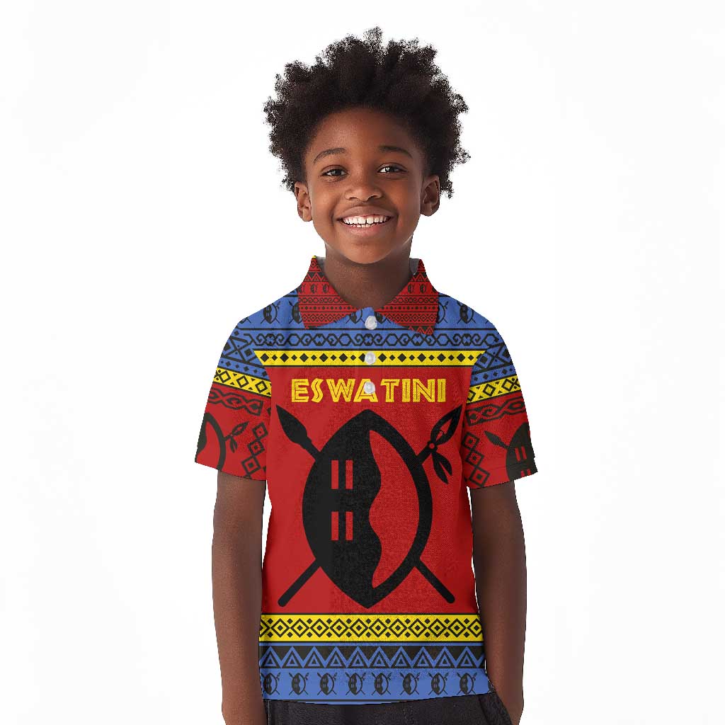 Eswatini Flag Kid Polo Shirt Nguni Shield Spear Pattern