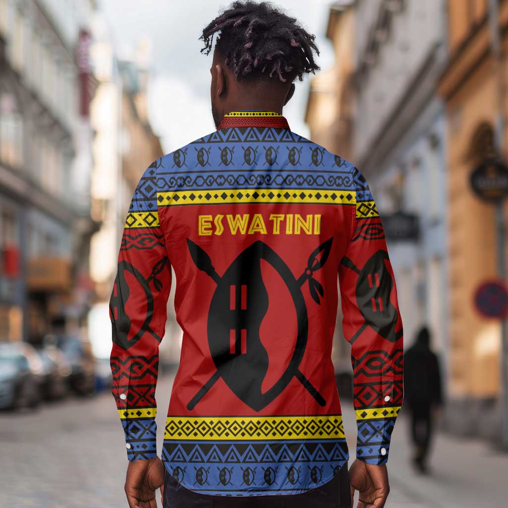 Eswatini Flag Long Sleeve Button Shirt Nguni Shield Spear Pattern