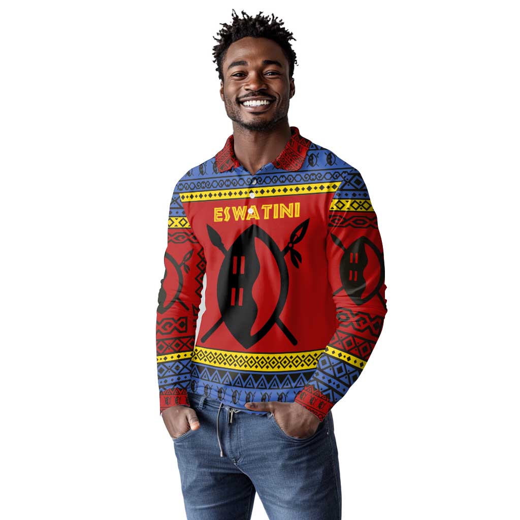 Eswatini Flag Long Sleeve Polo Shirt Nguni Shield Spear Pattern
