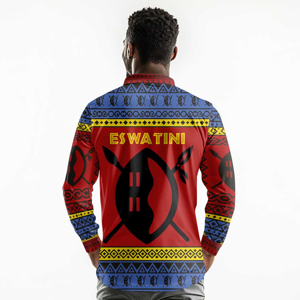 Eswatini Flag Long Sleeve Polo Shirt Nguni Shield Spear Pattern